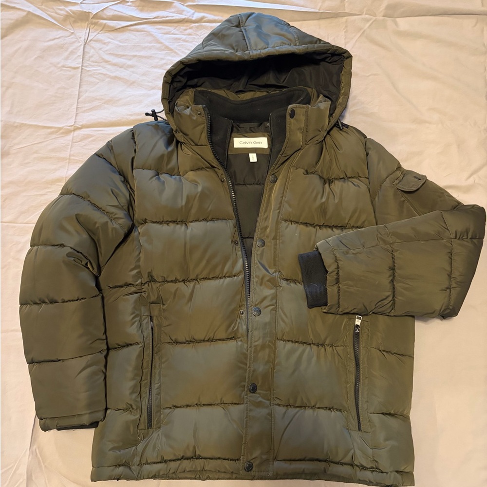 NEW! Calvin Klein Olive Puffer Jacket with Hood